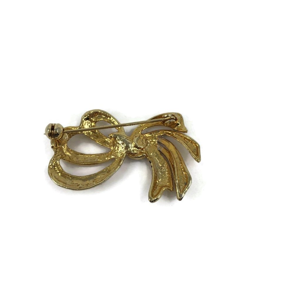 Gold Tone Ribbon Brooch with Rhinestones - Picture 2 of 6